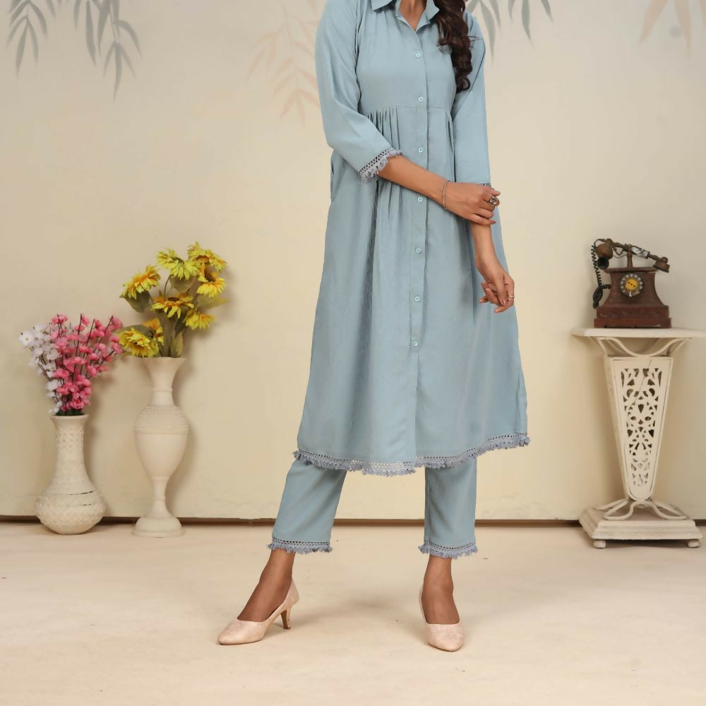 Jyoti Fashion Women's Sky Blue Rinkal Cotton Plain with Side Pocket Kurtis & Sets | Swadesiicart