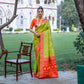 Vishnu Weaves Women's Lime Green Patola Banarasi Silk Meenakari Zari Woven Saree with Blouse - Swadesiicart