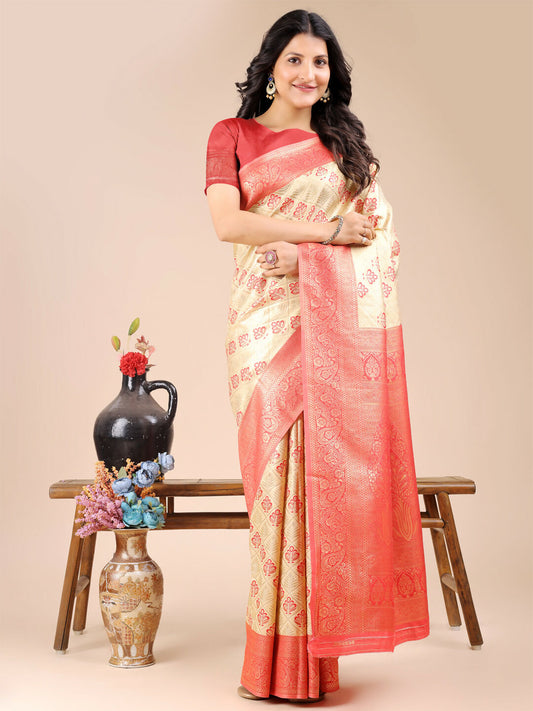 Astita Aura Silk Cream Red Banarasi Silk Saree | Swadesiicart
