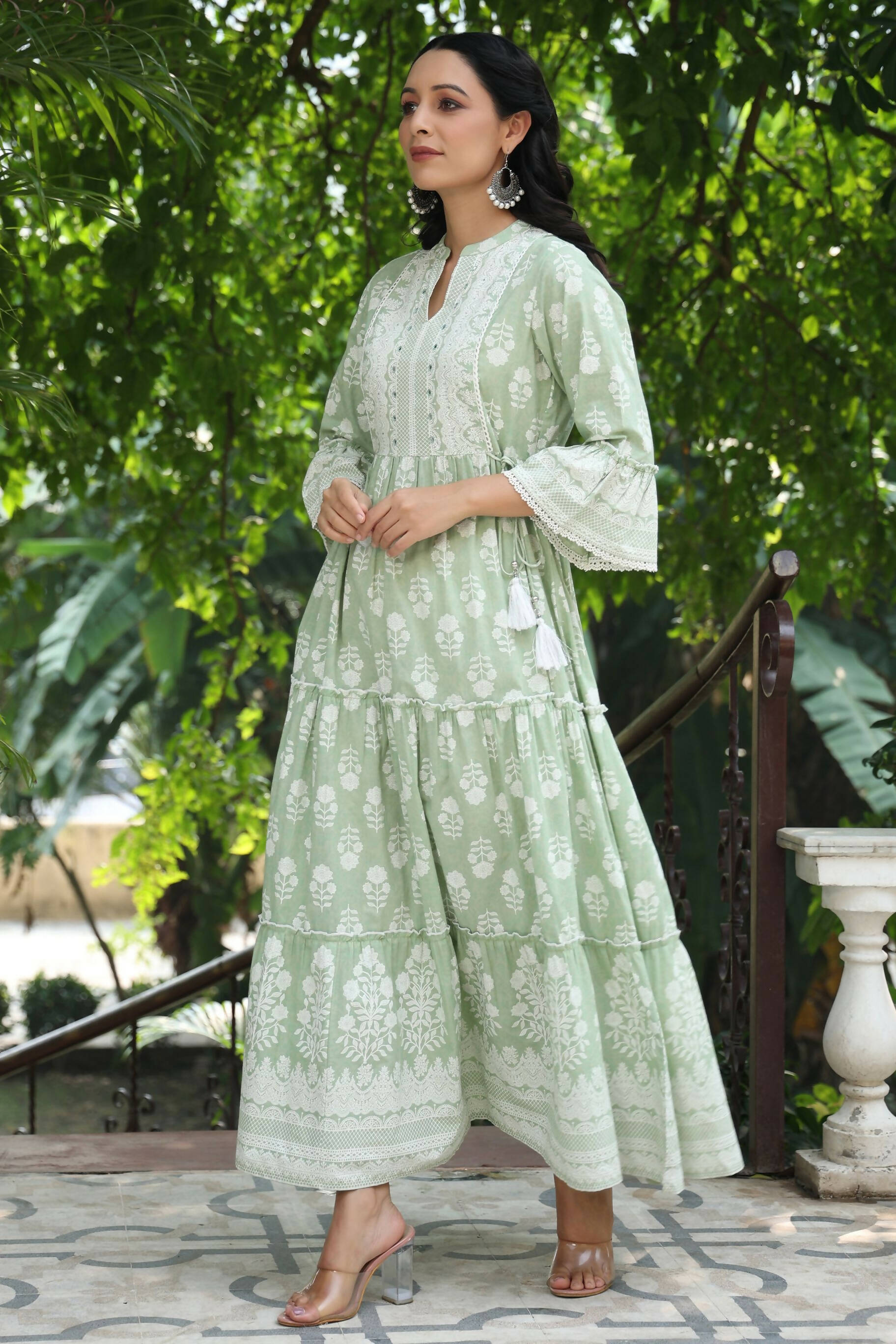 Juniper Women's Green Cambric Floral Printed Maxi Tiered Dress | Swadesiicart