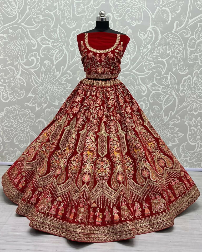 Jyoti Fashion Women's Red Velvet Multi Thread Embroidered with Zircon Diamond Work Wedding Lehenga Choli | Swadesiicart