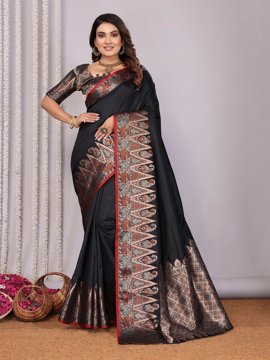 Joban Fashion Banarasi Black Jacquard Woven Soft Silk Saree | Swadesiicart