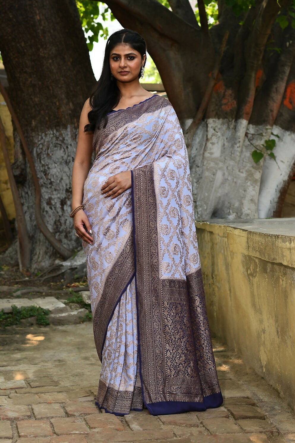 Joban Fashion Pastel Blue Crepe Chiffon Pure Handloom Banarasi Silk Saree | Swadesiicart