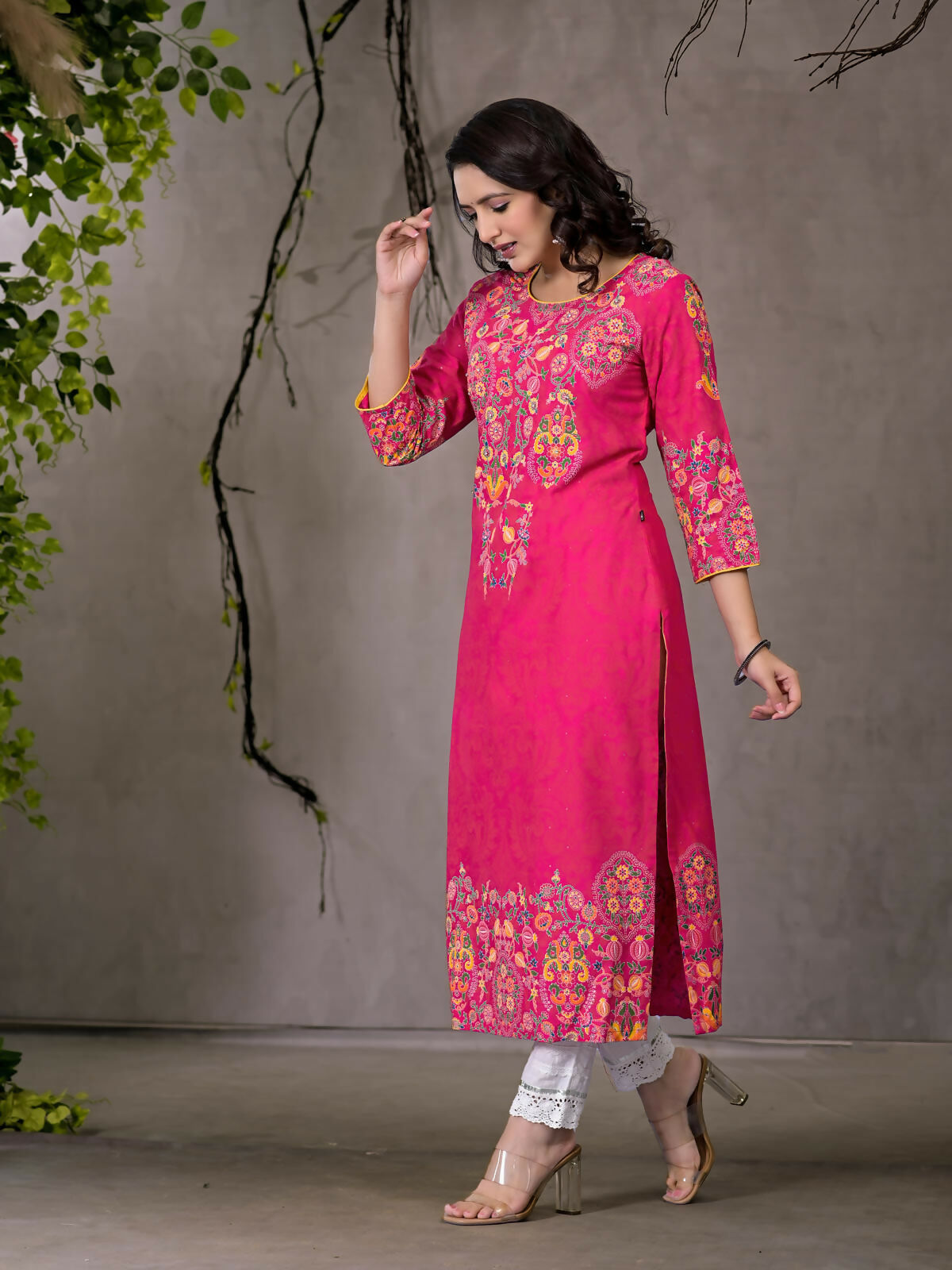 Juniper Women's Pink Thread Embroidered Liva Rayon Kurta With Sequins & Beads - Swadesiicart