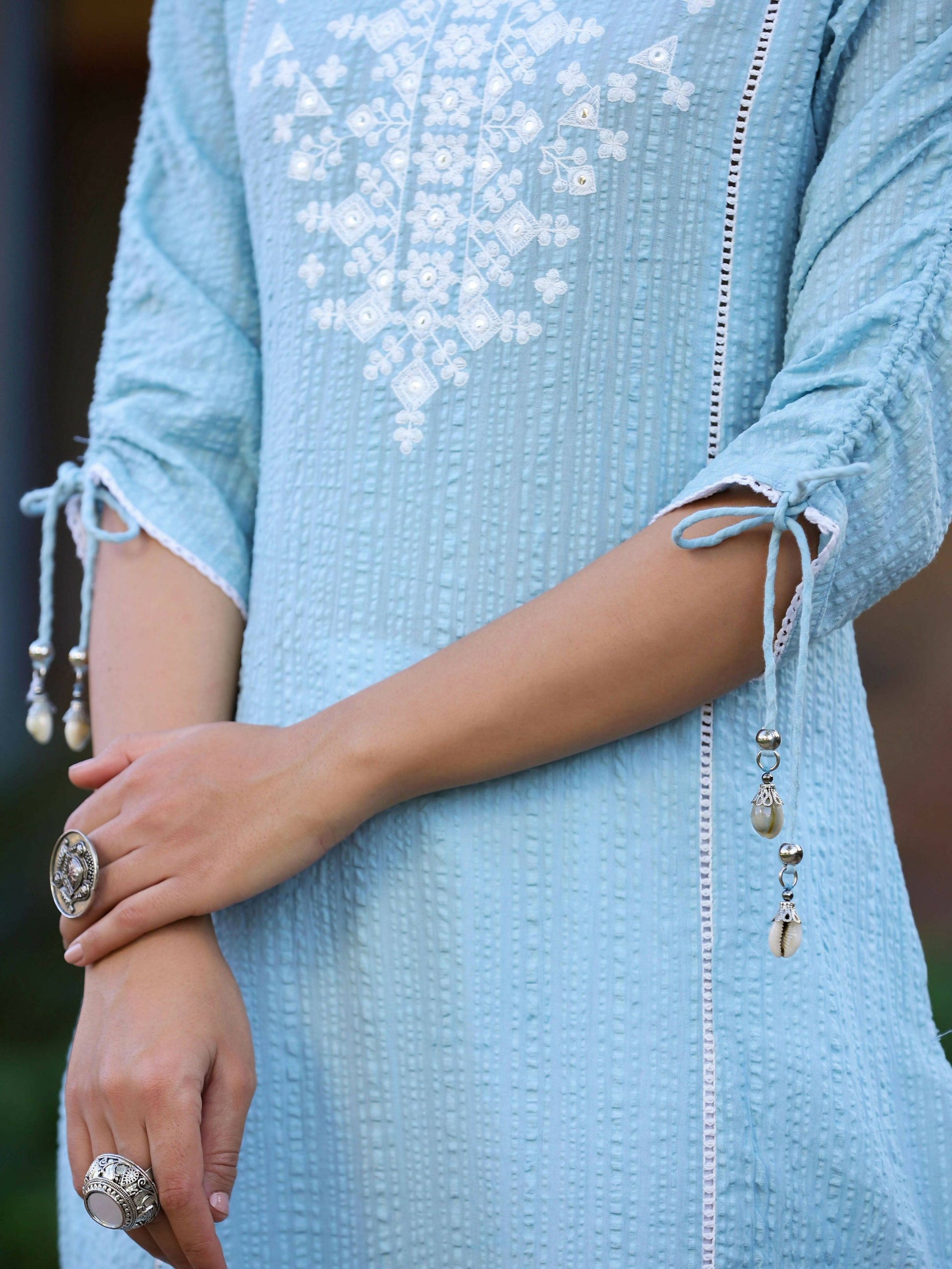 Juniper Women's Blue Sheer Sucker Embroidered Straight Kurta | Swadesiicart