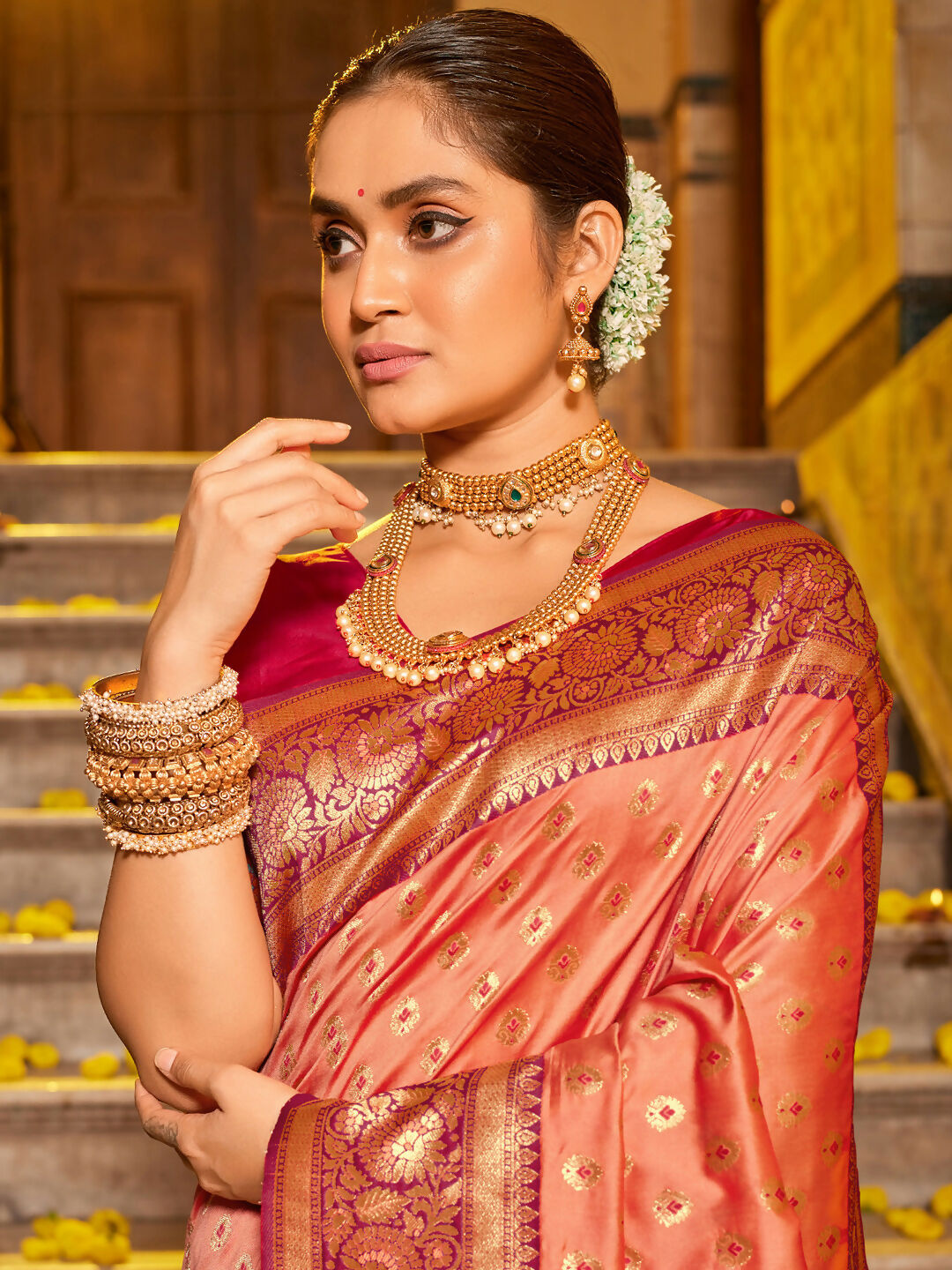 Astita Banarasi Silk Peach Saree | Swadesiicart