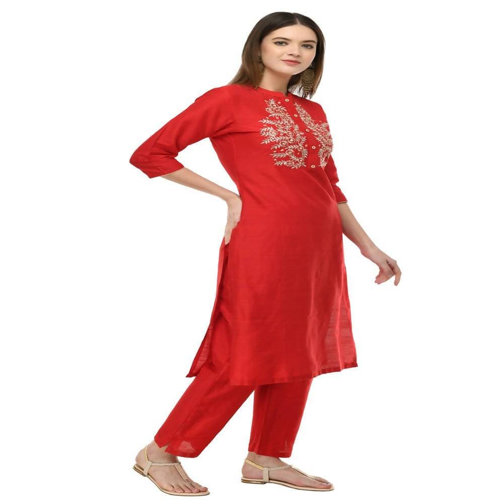 Lagi Women's Red Poly silk Straight Embroidred Kurta & Pant (RO116B) | Swadesiicart