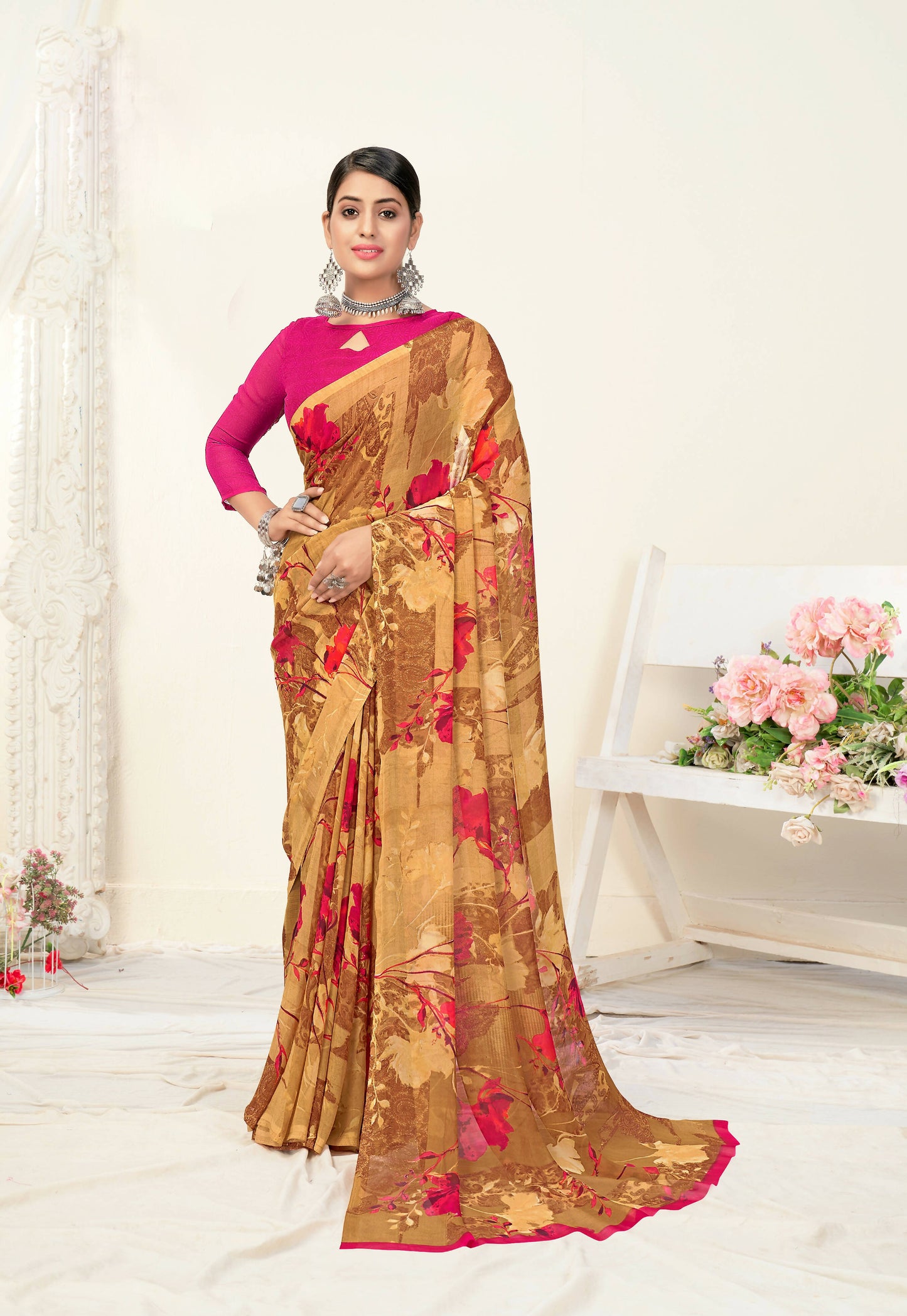 Brown Georgette Floral Printed Saree With Unstitched Blouse Piece - Jyoti
