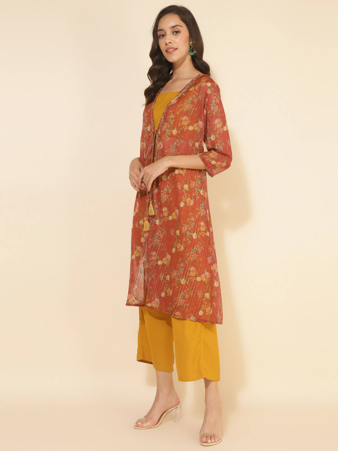 Janasya Women's Mustard Moss Solid Festive Crop Top Set | Swadesiicart