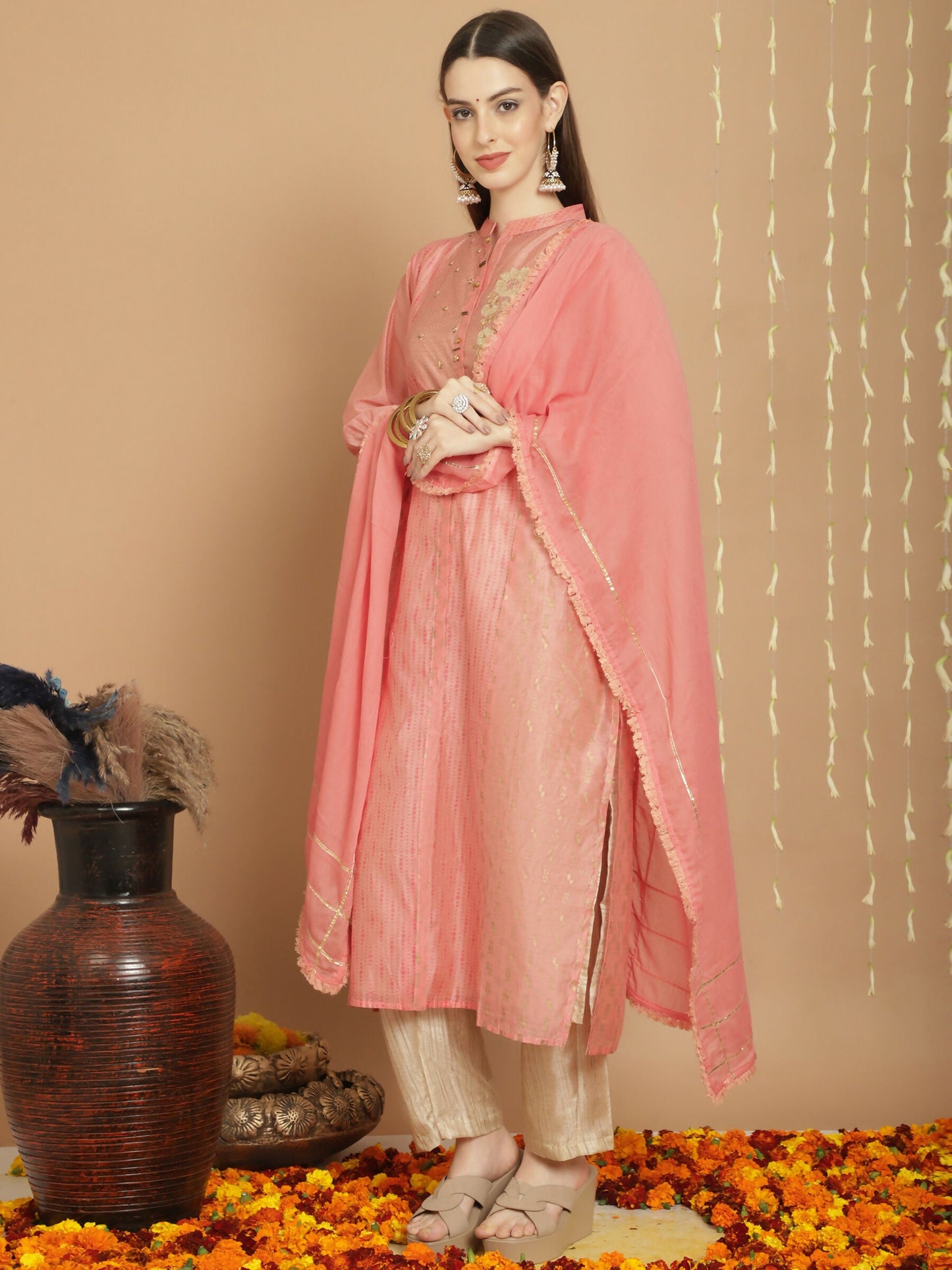 Jyoti Fashion Women's Peach Chanderi Silk Elegant Jardoshi Semi Kurta with Trouser & Dupatta | Swadesiicart