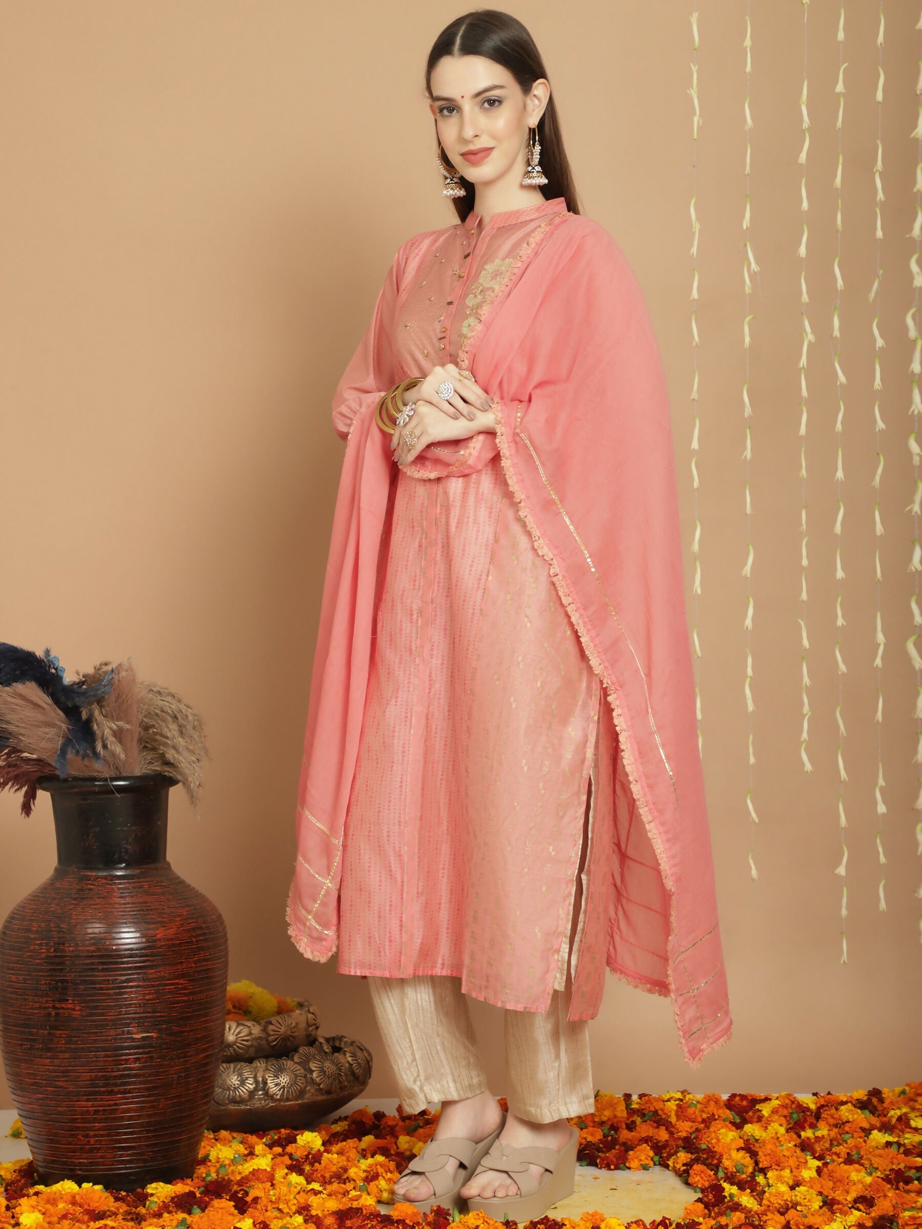 Jyoti Fashion Women's Peach Chanderi Silk Elegant Jardoshi Semi Kurta with Trouser & Dupatta | Swadesiicart