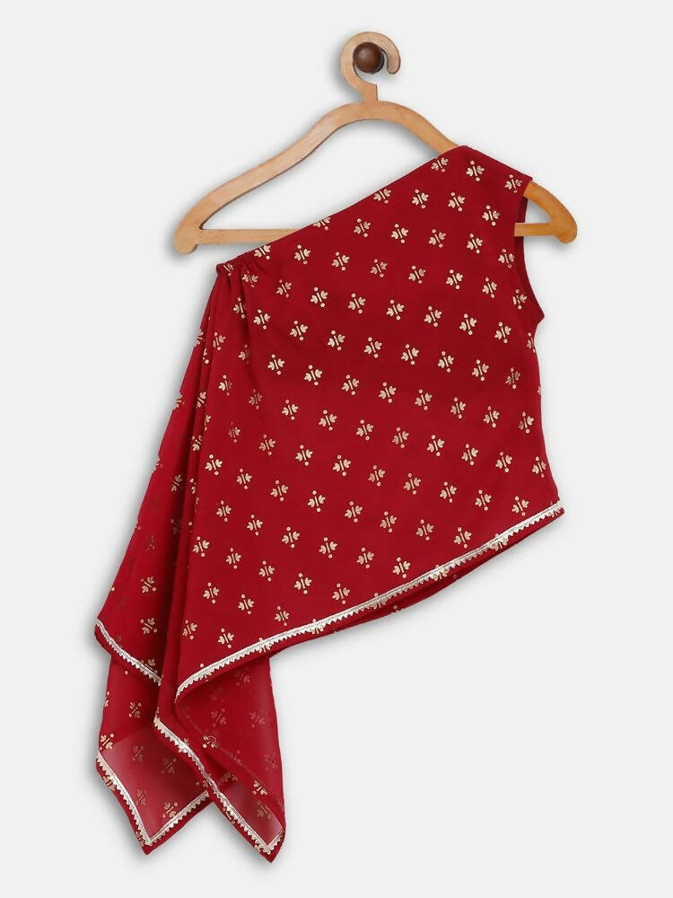 Ahalyaa Maroon Georgette Glitter Print Asymmetric Kids Kurta Palazzo Sets For Girls | Swadesiicart