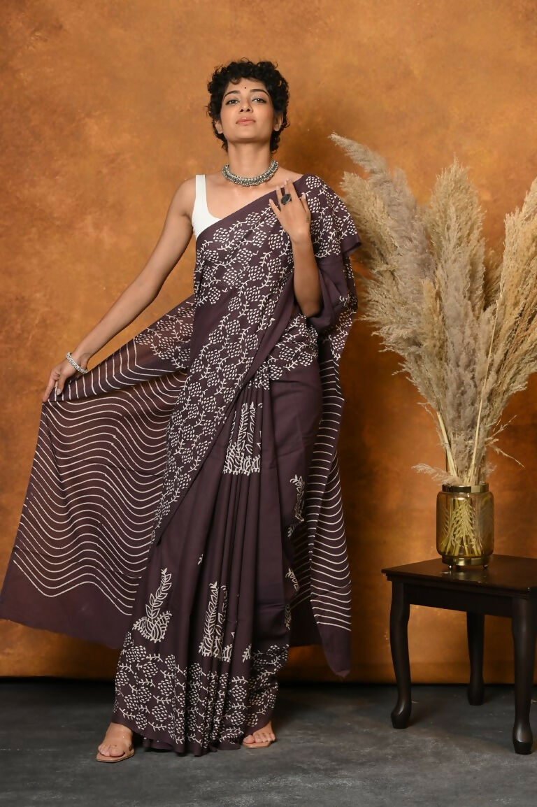 Very Much Indian Handblock Printed Cotton Saree With Natural Dyes - Brown | Swadesiicart