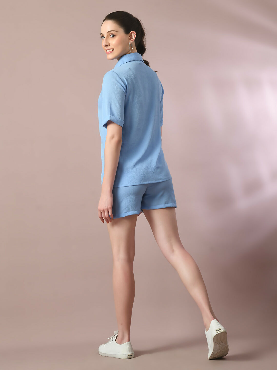 Myshka Women's Blue Solid Shirt Collar Party Shirt With Shorts Co-ord set - Swadesiicart