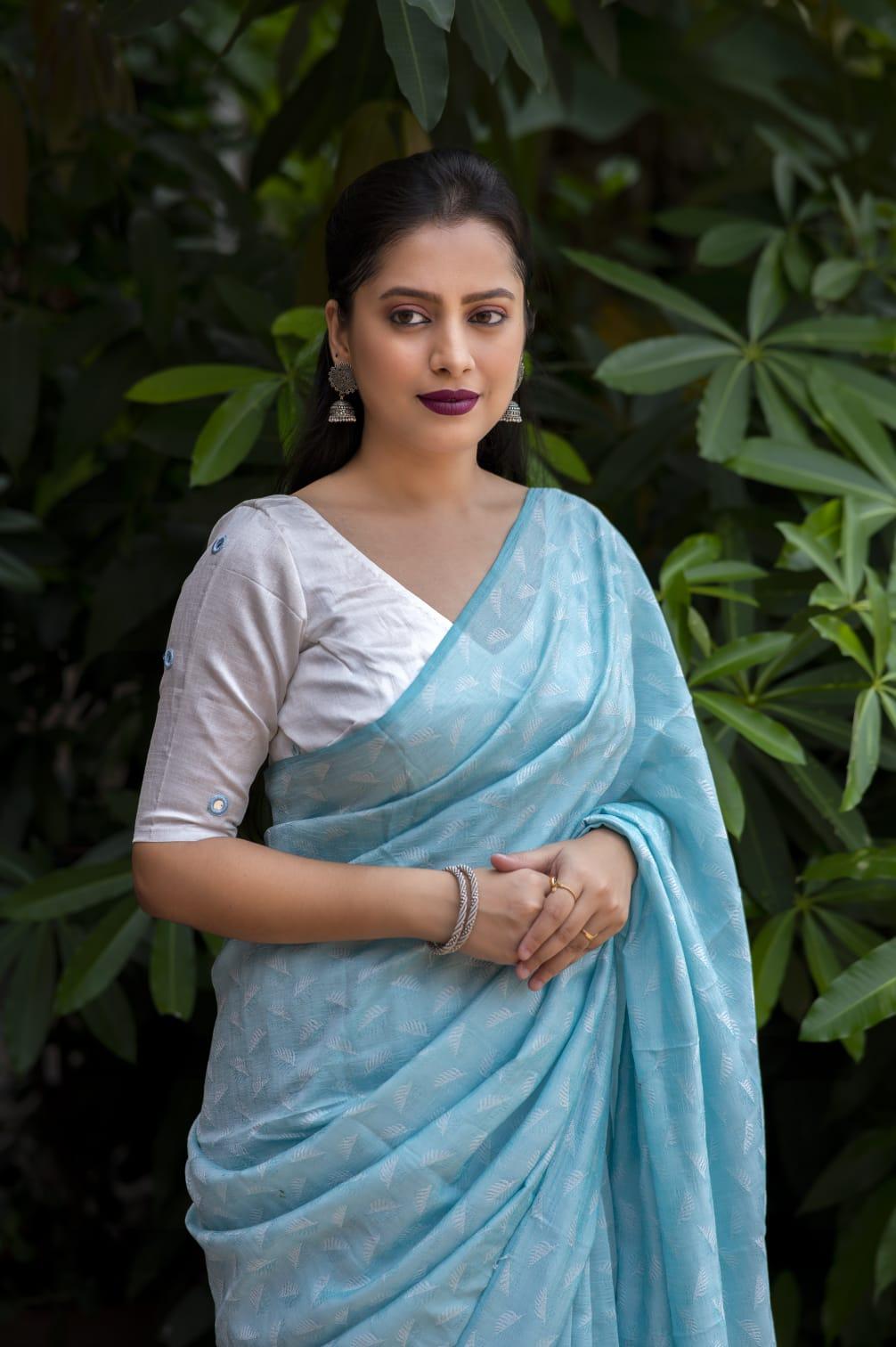 Sky Blue Poly Georgette Woven Design Saree with Unstitched Blouse - Hiral Fashion | Swadesiicart