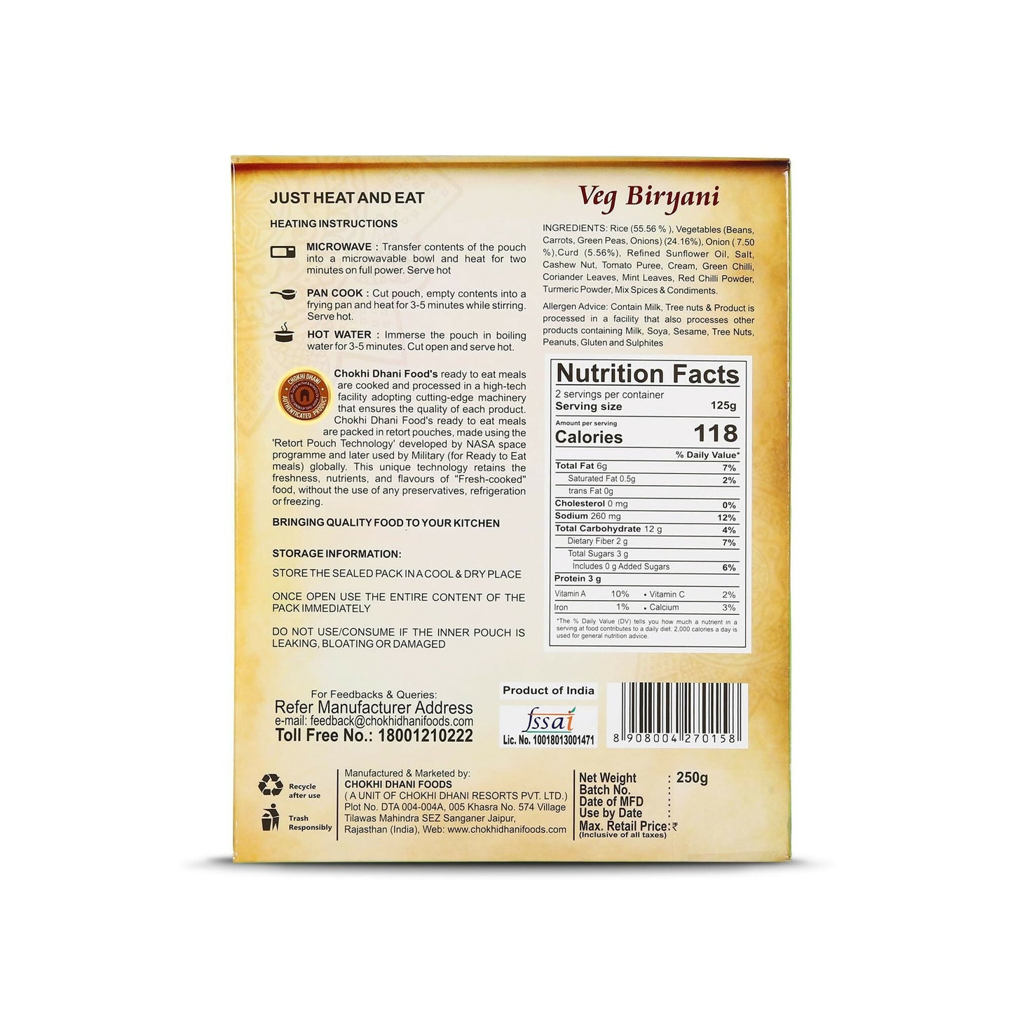 Chokhi Dhani Veg Biryani Instant Premix - Swadesiicart