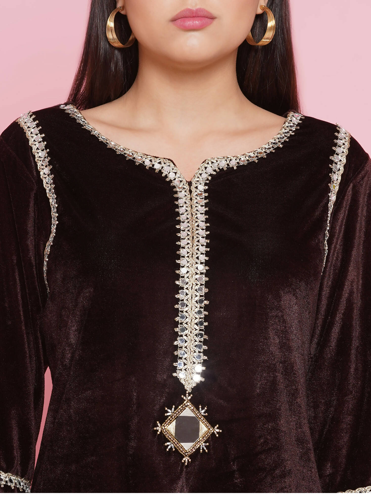 Women Republic Brown Velvet Embellished Co-Ord Set - Swadesiicart