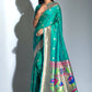 Vishnu Weaves Women's Teal Paithani Silk Zari Woven Saree with Unstitched Blouse - Swadesiicart