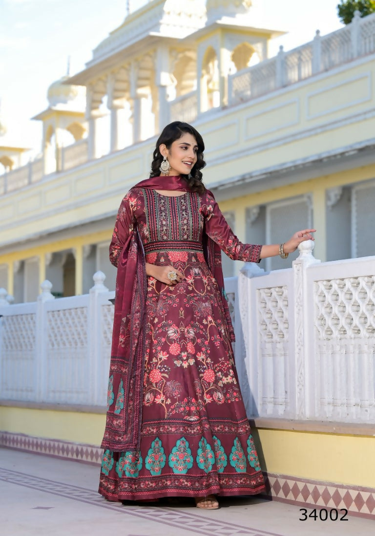 Partywear Designer Maroon Dola Silk Anarkali suit with Dupatta - Suzen - Swadesiicart