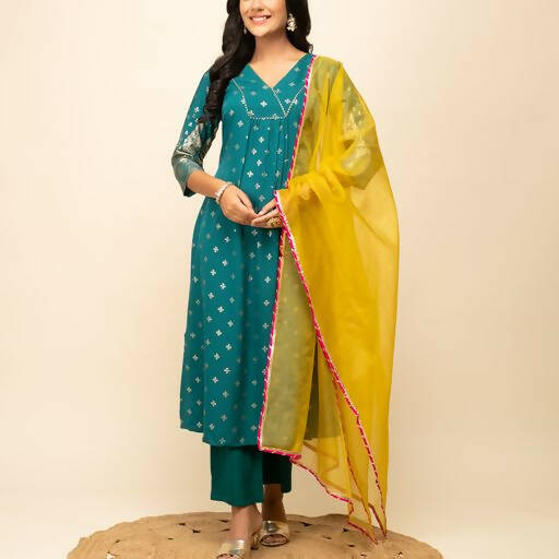 FIORRA Women's Teal Blue Crepe A-Line Kurta Pant with Dupatta - Swadesiicart