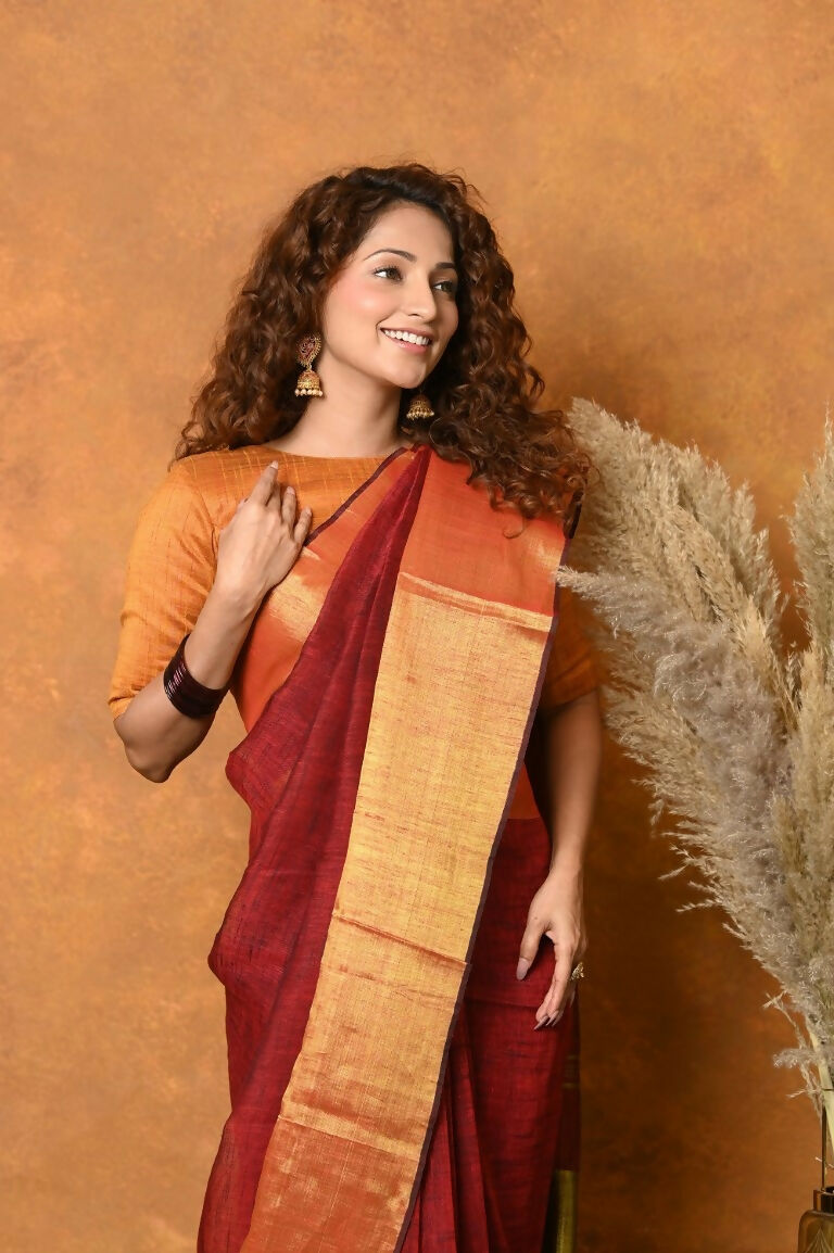 Very Much Indian Handloom Pure Cotton Linen Saree With Golden Border - Dark Maroon | Swadesiicart