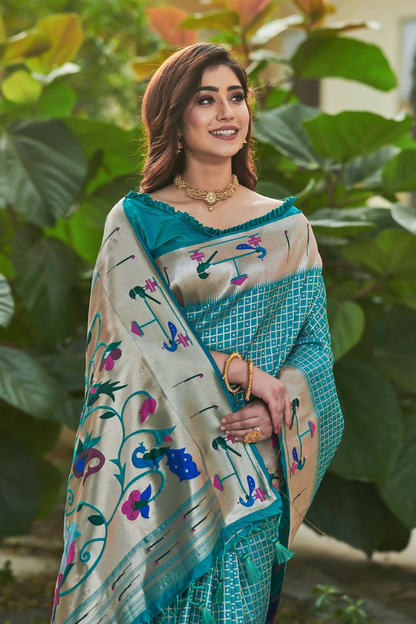 Vishnu Weaves Women's Firozi Paithani Silk Minakari Zari Woven Saree with Unstitched Blouse - Swadesiicart