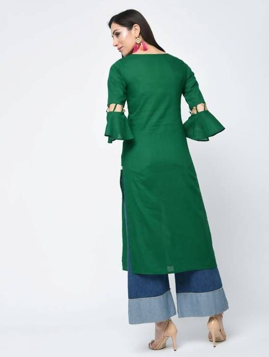 Aniyah Cotton Criss Cross Bell Sleeves Straight Thick Green Kurta (AN-101K) - Swadesiicart