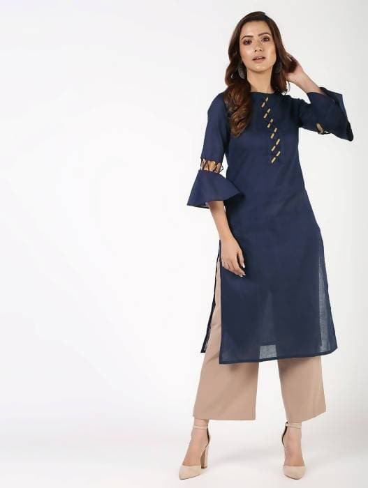 Aniyah Cotton Criss Cross Bell Sleeves Navy Blue Straight Kurta (AN-145K) - Swadesiicart