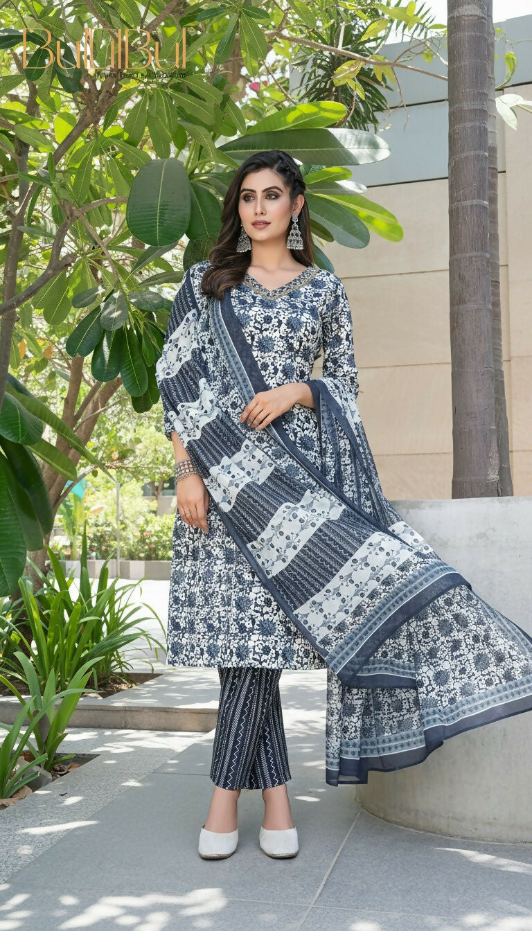 BulBul Fashionista Navy Cotton Kurta Set with Dupatta - Swadesiicart