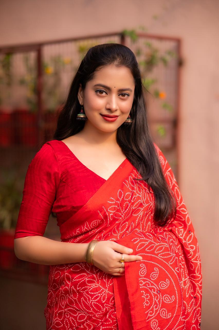 Red Silk Blend Ajrak Saree with Unstitched Blouse - Hiral Fashion | Swadesiicart