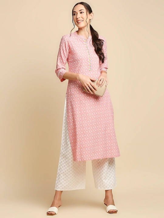 Anubhutee Peach-Coloured & White Khari Printed Straight Kurta - Swadesiicart