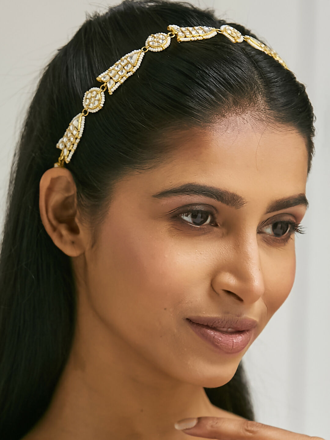 Nuyug 22K Gold-Plated Kundan & Pearls Studded Matha Patti with Regal Motifs Head Jewellery | Swadesiicart