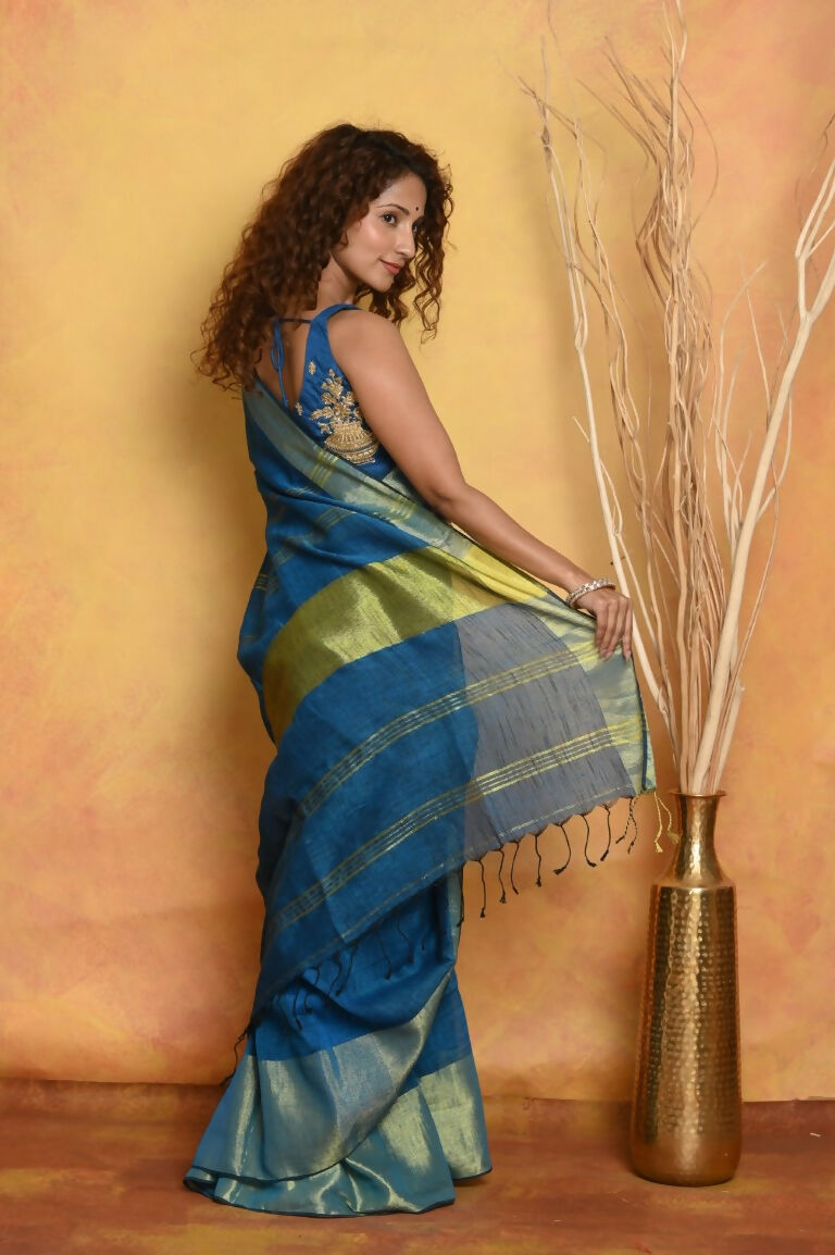 Very Much Indian Handloom Pure Cotton Linen Saree With Golden Border - Serene Blue | Swadesiicart