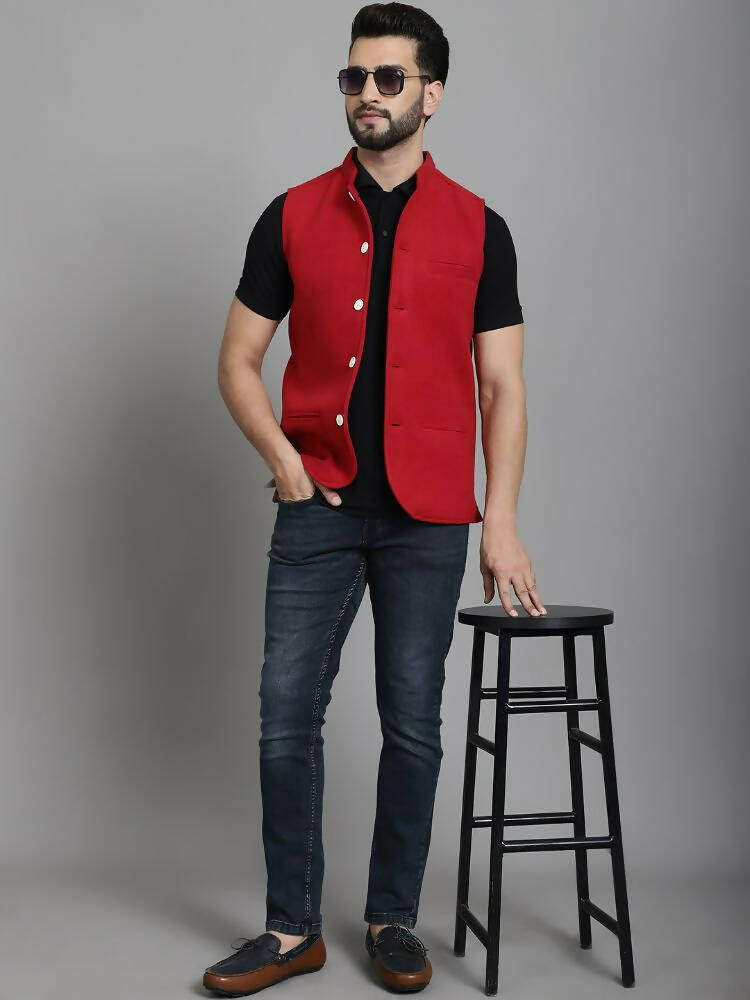 Even Apparels Nehru Jacket With Welt Pockets - Red | Swadesiicart