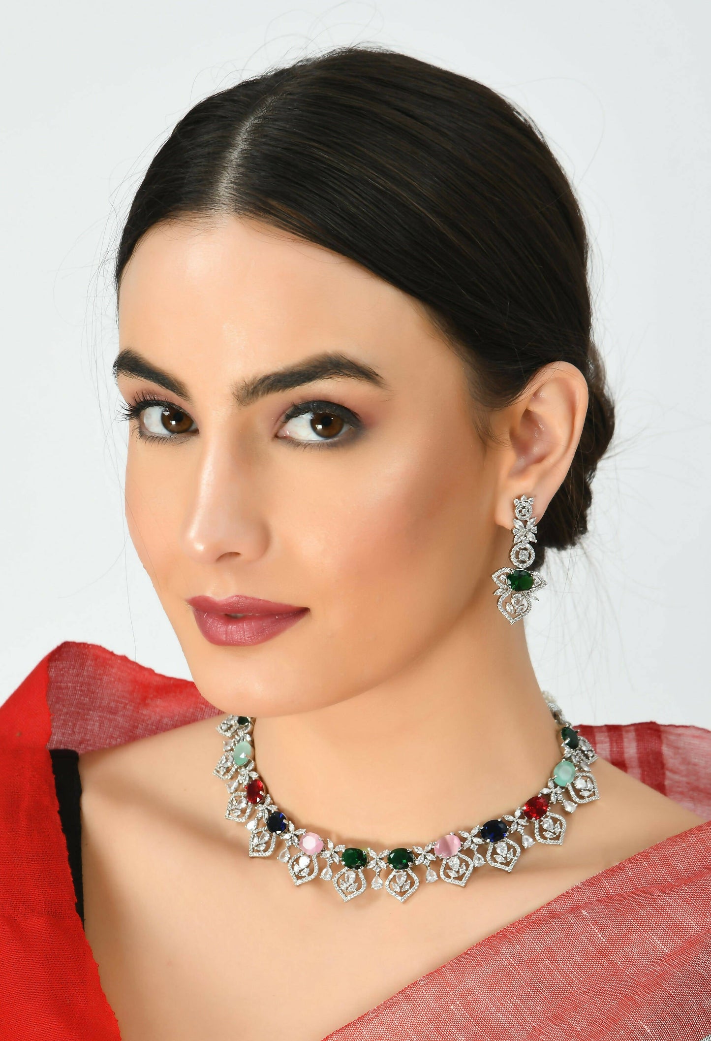 Mominos Fashion Johar Kamal Silver-Plated American Diamond Multi Colour Choker Set | Swadesiicart
