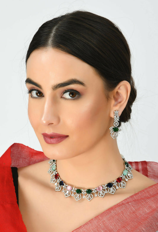 Mominos Fashion Johar Kamal Silver-Plated American Diamond Multi Colour Choker Set | Swadesiicart