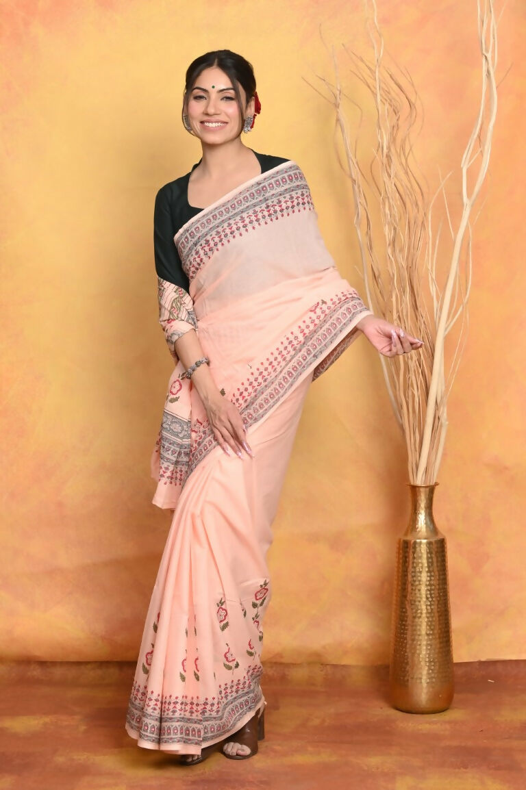 Very Much Indian Handblock Printed Cotton Saree With Natural Dyes - Peach | Swadesiicart
