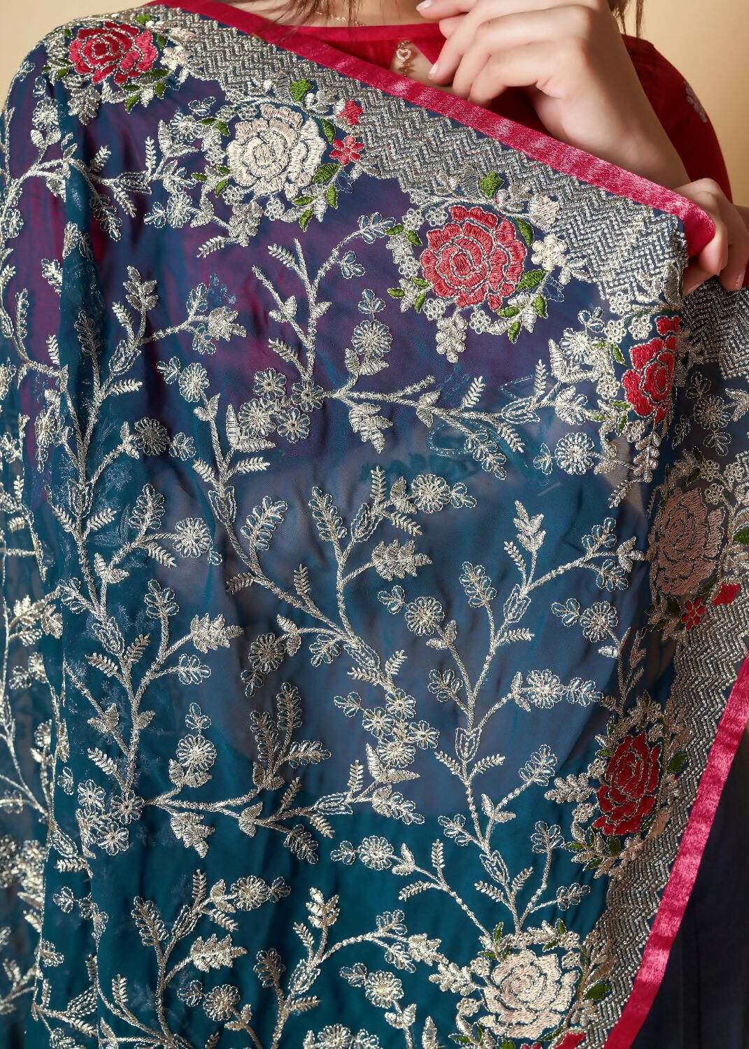 Vamsee Teal Organza Saree - Swadesiicart