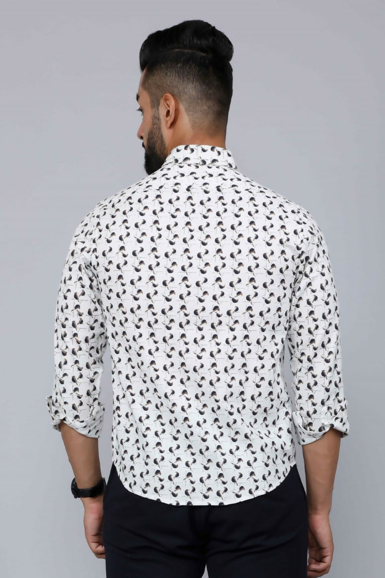 Miravan Men's White Spread Collar Bird Print Casual Shirt | Swadesiicart