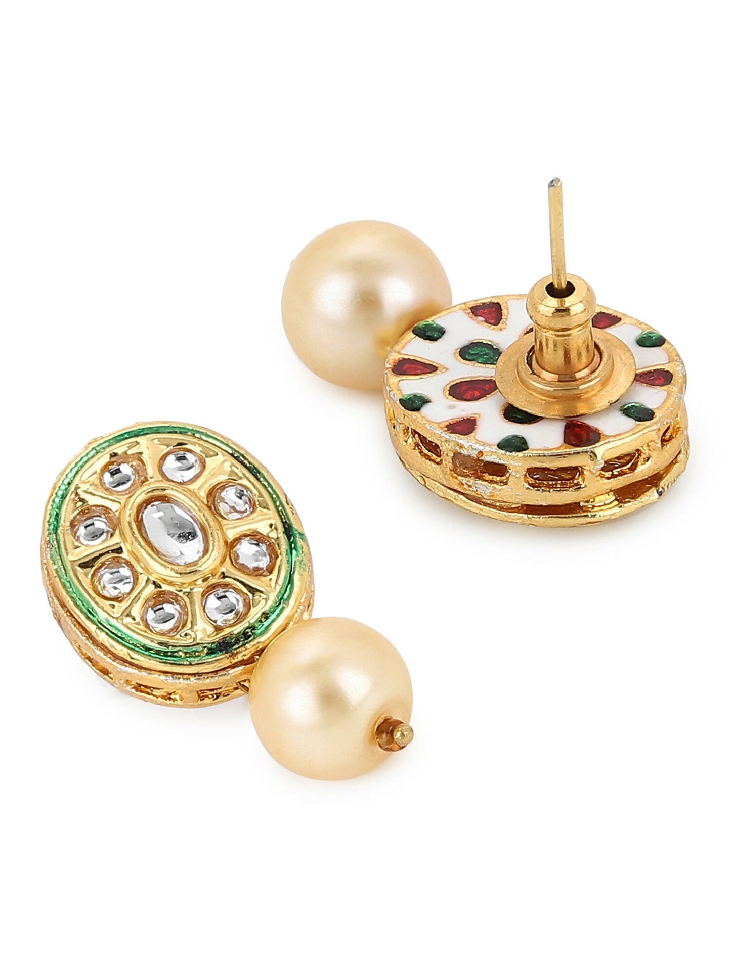 Gold-Toned White Kundan Oval-Shape Gold-Polished Studs Earrings - Ruby Raang | Swadesiicart