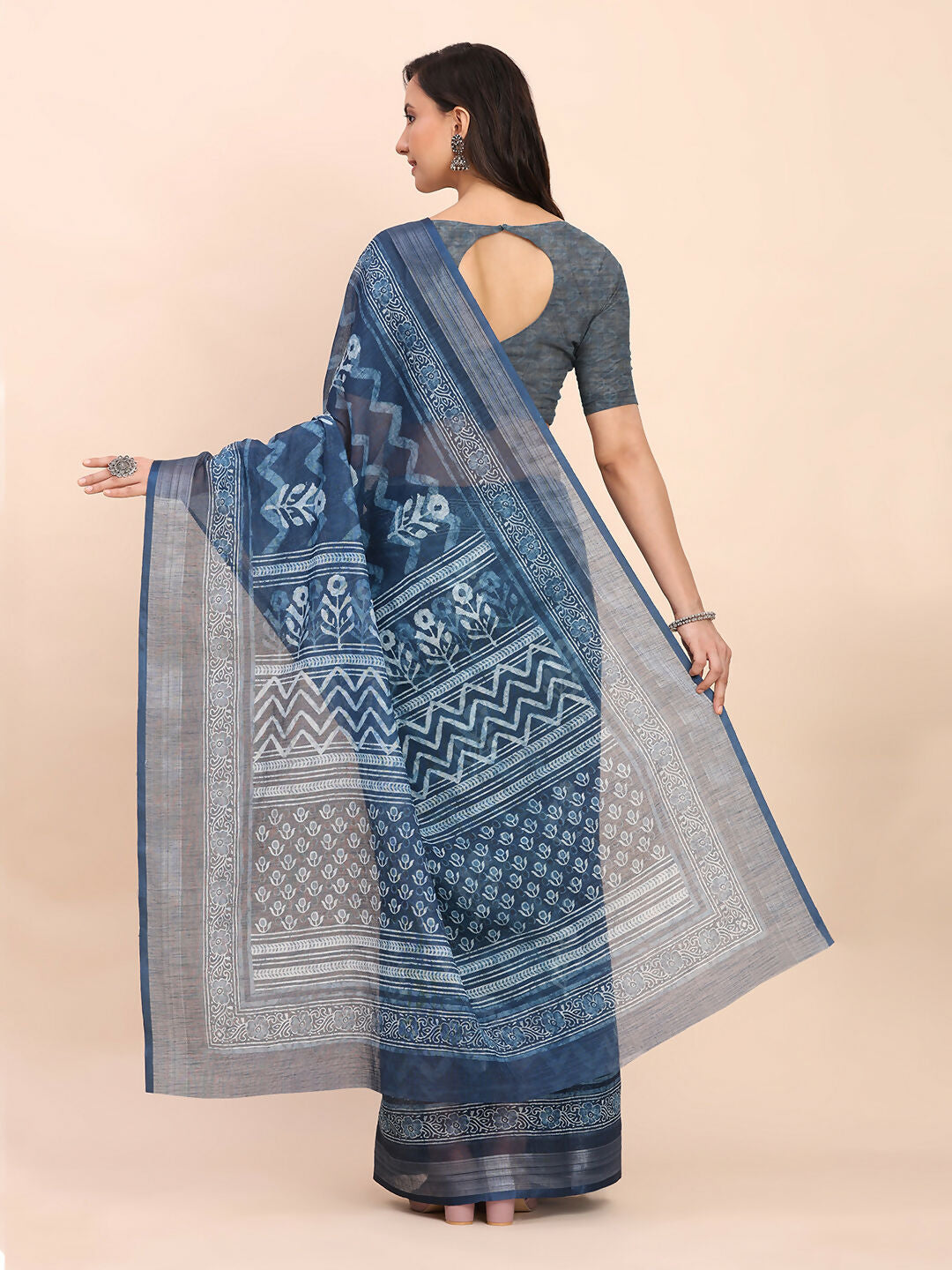 Shree Shyam Fashion Linen Cotton Indigo Blue Saree