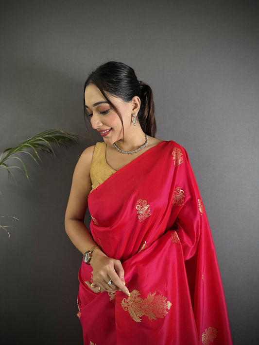 Joban Fashion Red Banarasi Lichi Silk Gold Zari Meena Saree | Swadesiicart