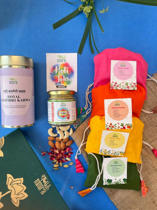 Shuddh Natural Ubtan Based Herbal Gulal, Ayurvedic Thandai Powder, Kashmiri Kahwa | Holi Gift Hamper | Swadesiicart