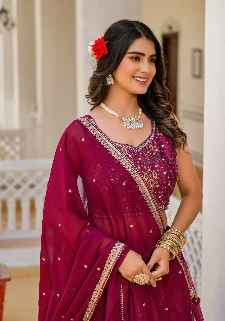 Wedding Partywear Wine Slim Georgette Lehengha Choli With Dupata - Agnidhara - Swadesiicart