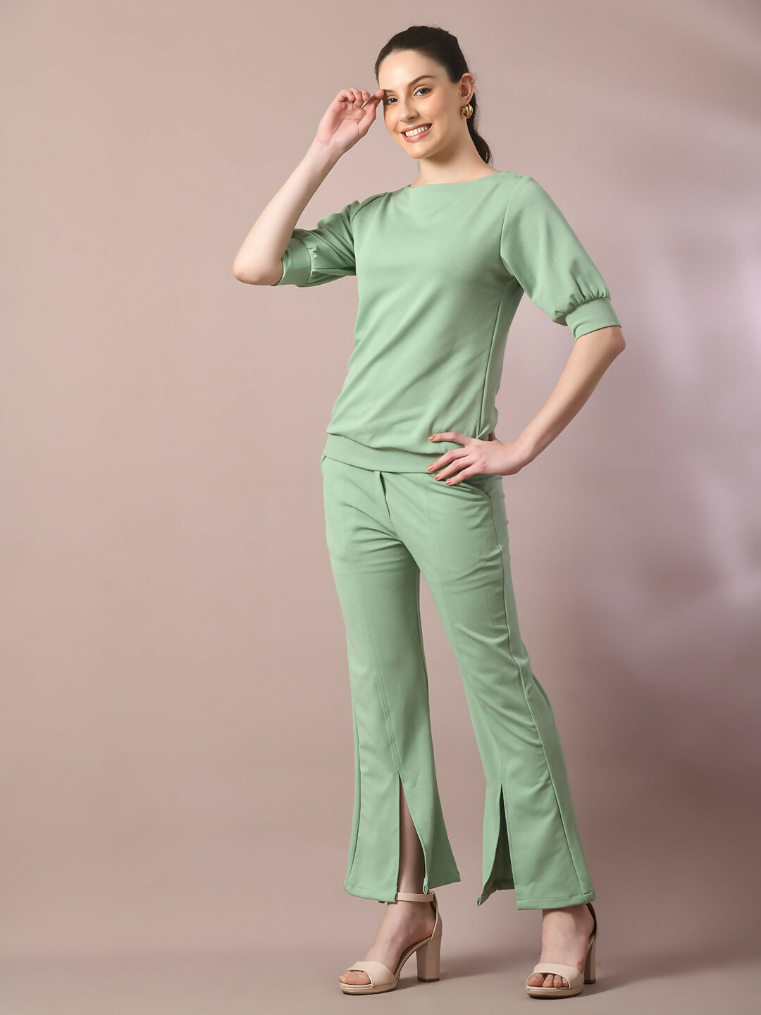 Myshka Women's Sea Green Solid Boat Neck Party Top With Trousers Co-ord set - Swadesiicart