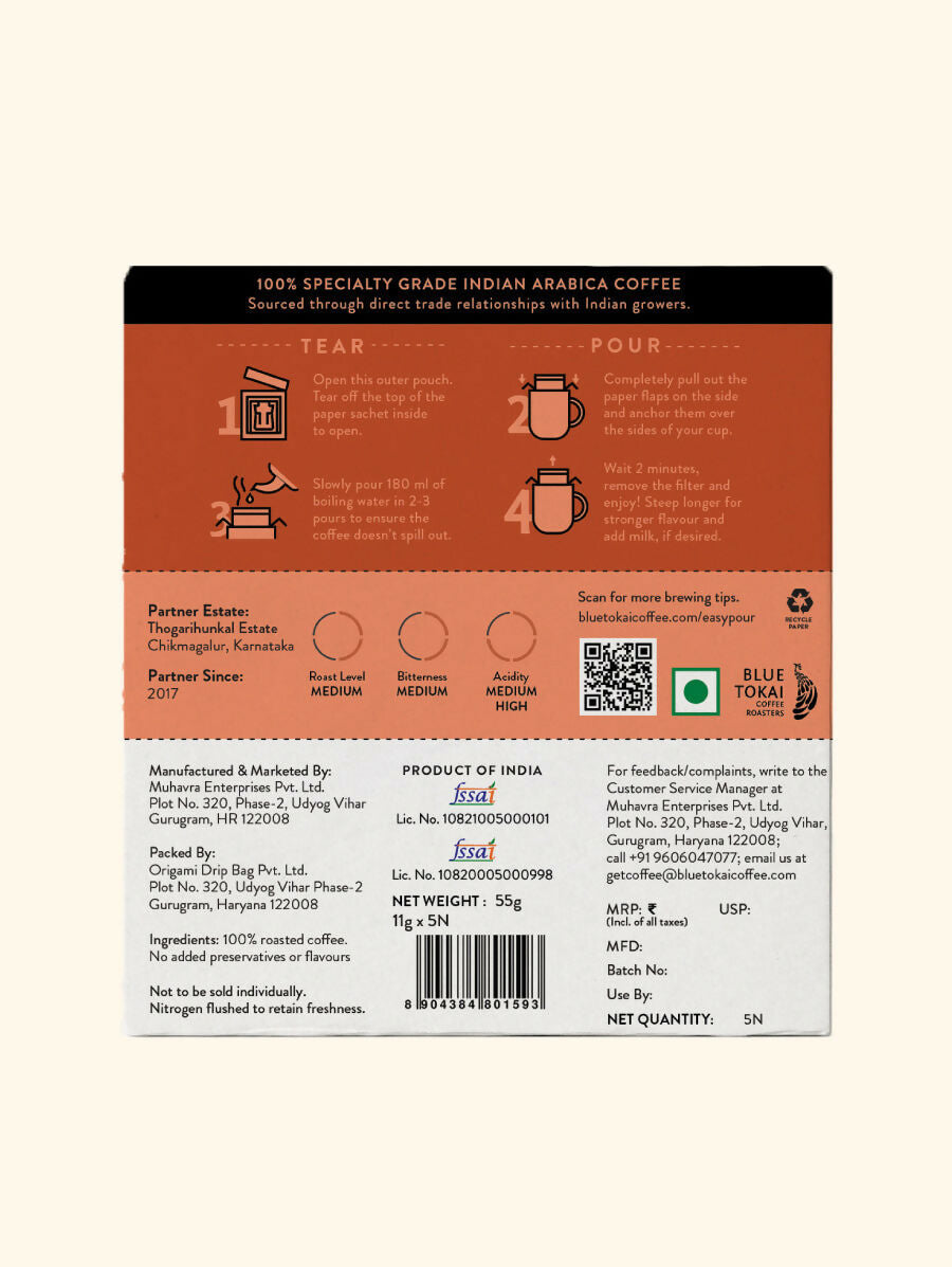 Blue Tokai Thogarihunkal Estate Medium Roast Easy Pour Sachets - Swadesiicart