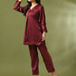 Myshka Women's Maroon Solid Satin V-Neck Party Tunic With Trousers Co-ord set - Swadesiicart