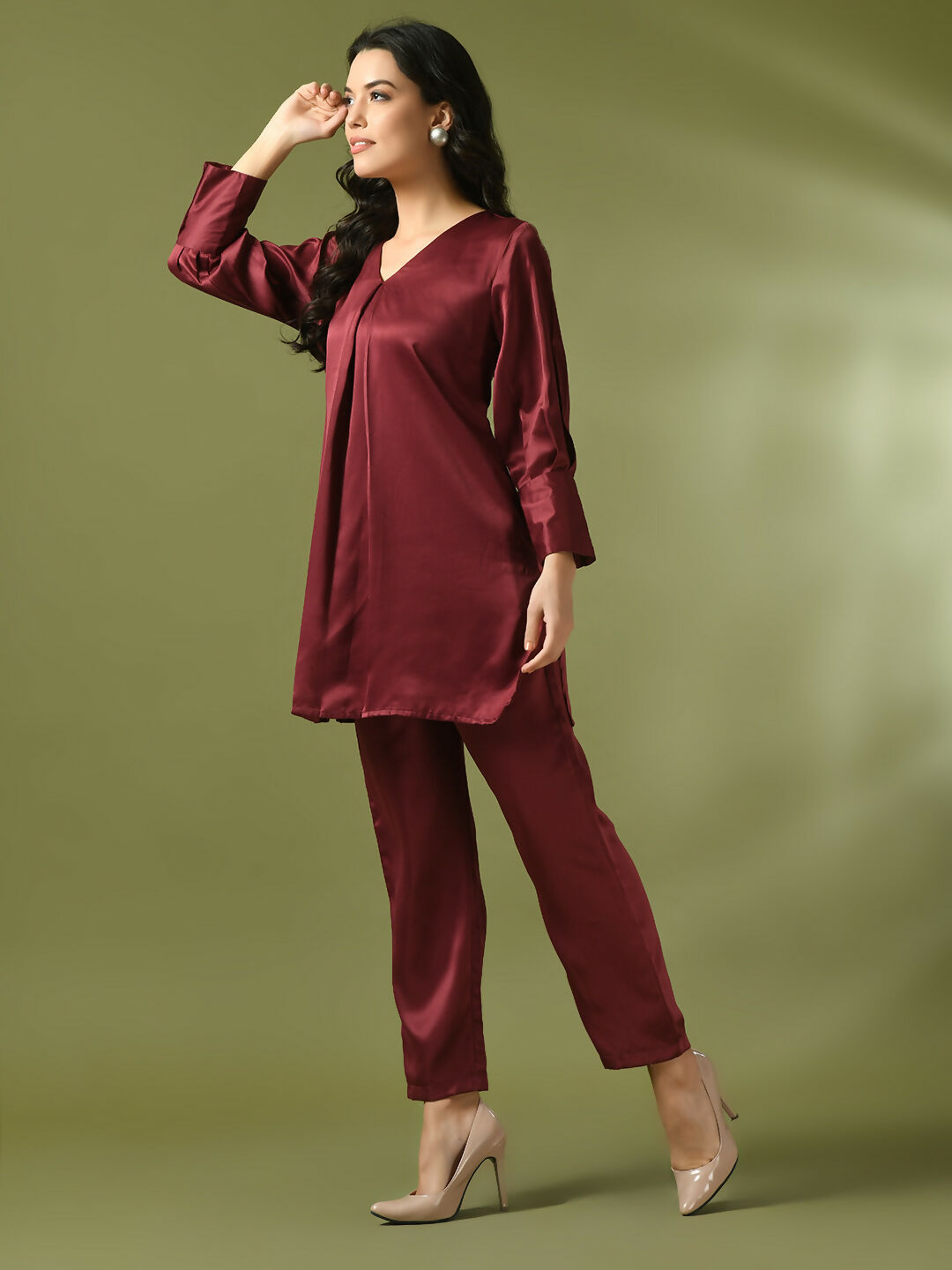Myshka Women's Maroon Solid Satin V-Neck Party Tunic With Trousers Co-ord set - Swadesiicart