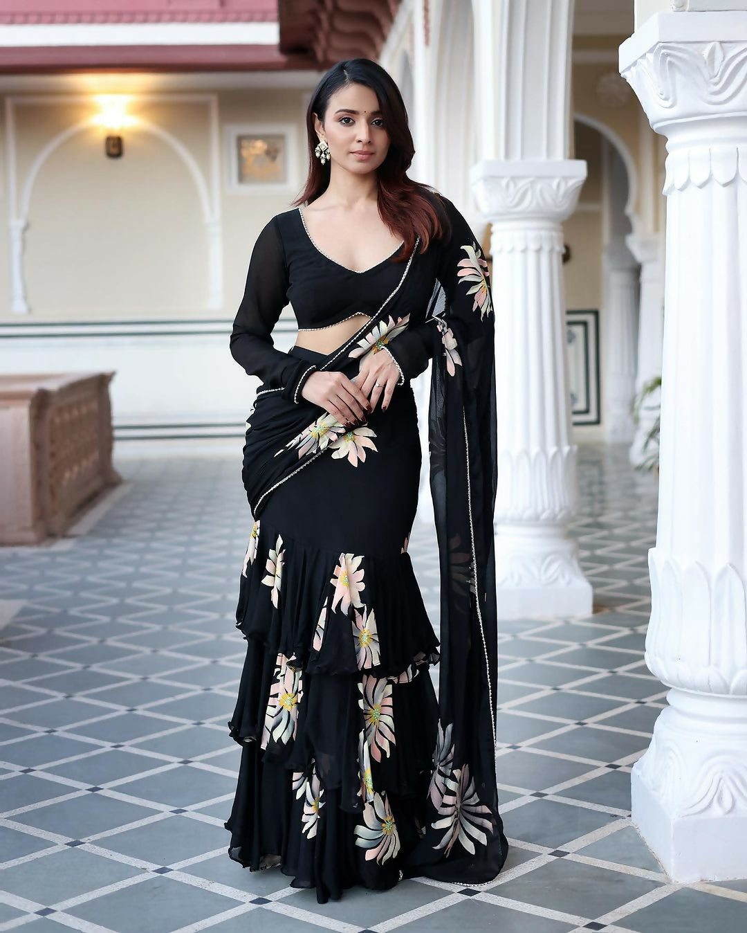 Exclusive Collection Black Party Wear Ruffle Georgette Saree - Swadesiicart