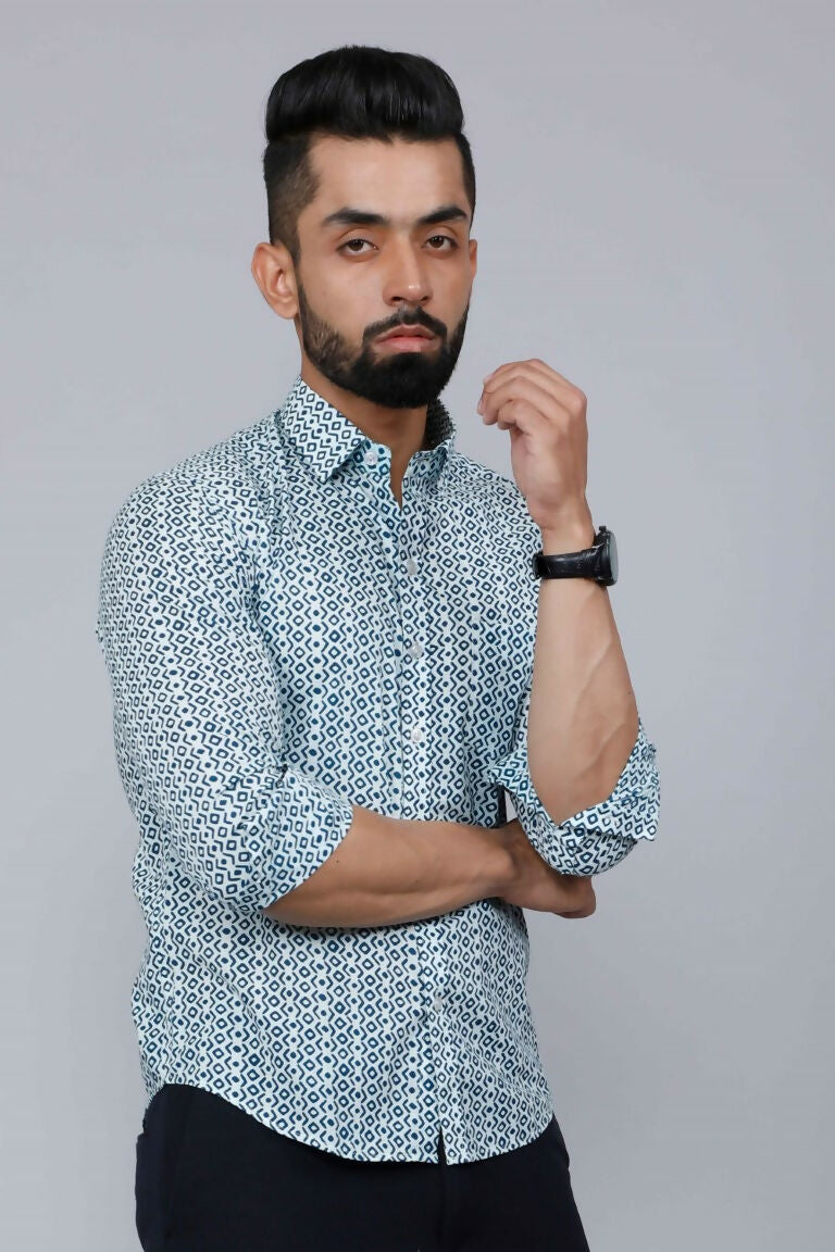 Miravan Men's White & Blue Premium Cotton Floral Print Casual Shirt | Swadesiicart